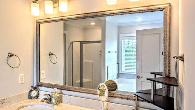 3113 Lobella Dr, Grovetown, GA 30813 - bathroom with a shower stall, a garden tub, crown molding, and vanity
