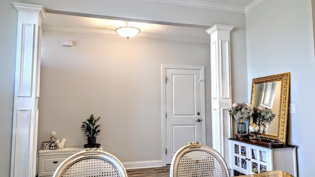 3113 Lobella Dr, Grovetown, GA 30813 - hallway featuring ornate columns, crown molding, and wood finished floors