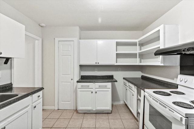 2436 Juniper Dr, Augusta, GA 30906 - kitchen with white range with electric cooktop, open shelves, white cabinetry, dark countertops, and light tile patterned floors