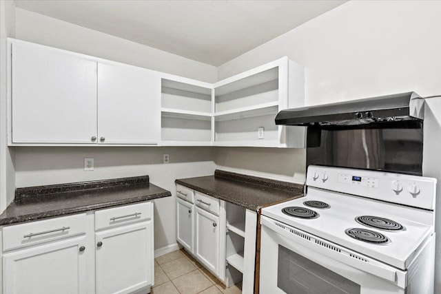 2436 Juniper Dr, Augusta, GA 30906 - kitchen with white range with electric cooktop, open shelves, ventilation hood, dark countertops, and light tile patterned floors