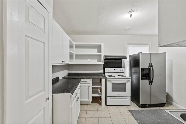 2436 Juniper Dr, Augusta, GA 30906 - kitchen with stainless steel fridge, white electric range oven, dark countertops, open shelves, and white cabinets