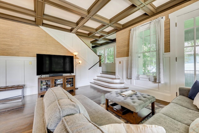 413 S Liberty St, Waynesboro, GA 30830 - living area with a decorative wall, wainscoting, plenty of natural light, coffered ceiling, and beam ceiling