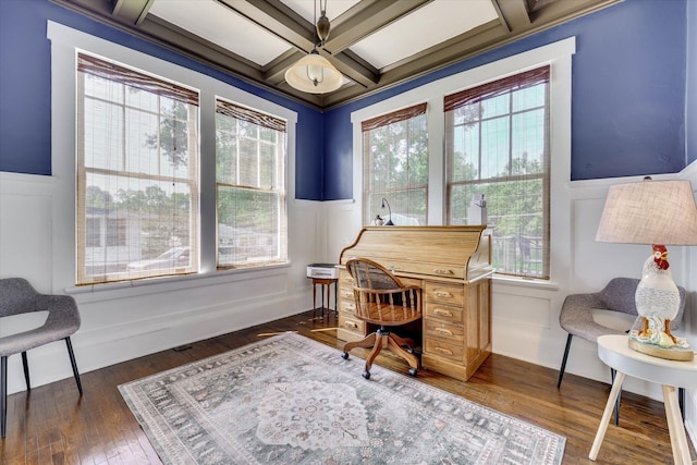 413 S Liberty St, Waynesboro, GA 30830 - office space featuring coffered ceiling, healthy amount of natural light, wainscoting, beamed ceiling, and wood finished floors