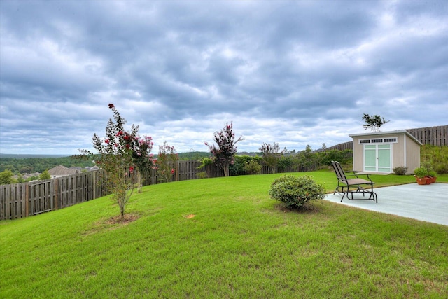 view of yard with a patio area and a shed