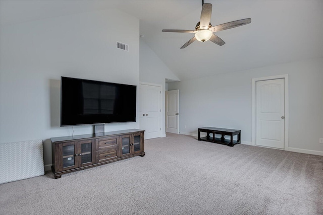 living room featuring ceiling fan, light colored carpet, and high vaulted ceiling