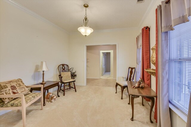 living area with light colored carpet, baseboards, and crown molding