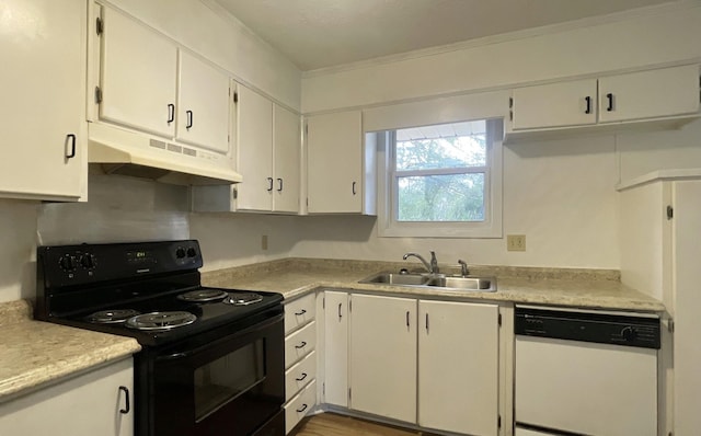 kitchen featuring white cabinetry, sink, black / electric stove, crown molding, and white dishwasher