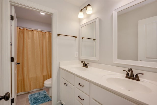 203 Preston Ct, North Augusta, SC 29860 - full bathroom with double vanity, a sink, a shower with shower curtain, and toilet