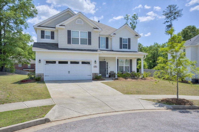 203 Preston Ct, North Augusta, SC 29860 - view of front of home with a porch, a garage, fence, a front lawn, and concrete driveway