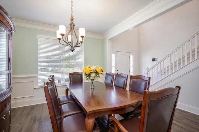 203 Preston Ct, North Augusta, SC 29860 - dining room with an inviting chandelier, ornamental molding, dark wood-style flooring, wainscoting, and stairway