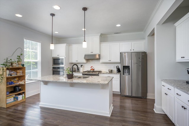 203 Preston Ct, North Augusta, SC 29860 - kitchen featuring white cabinets, appliances with stainless steel finishes, a sink, backsplash, and under cabinet range hood