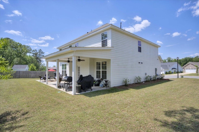 203 Preston Ct, North Augusta, SC 29860 - rear view of property with fence, a ceiling fan, a patio, and a yard