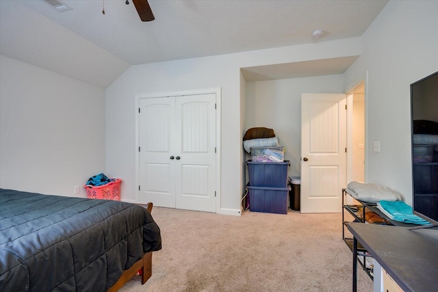 203 Preston Ct, North Augusta, SC 29860 - bedroom featuring carpet floors, visible vents, a closet, lofted ceiling, and ceiling fan