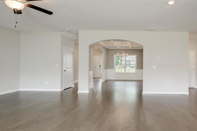 215 Palisades Rdg, Evans, GA 30809 - unfurnished living room with a ceiling fan, arched walkways, dark wood-style floors, coffered ceiling, and recessed lighting
