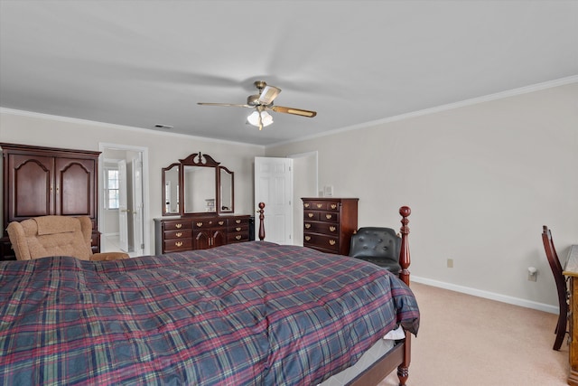 carpeted bedroom with ceiling fan and ornamental molding