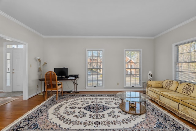 living room with hardwood / wood-style flooring and crown molding