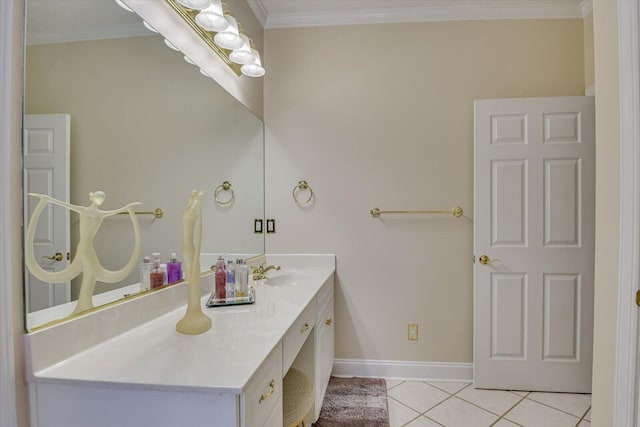 bathroom with tile patterned flooring, vanity, and crown molding