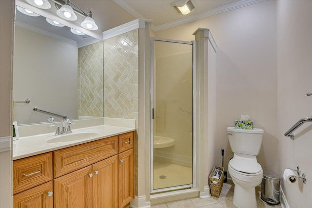 bathroom with tile patterned floors, an enclosed shower, toilet, vanity, and ornamental molding