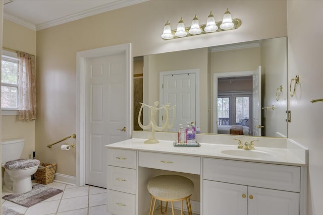 bathroom featuring tile patterned flooring, vanity, plenty of natural light, and ornamental molding