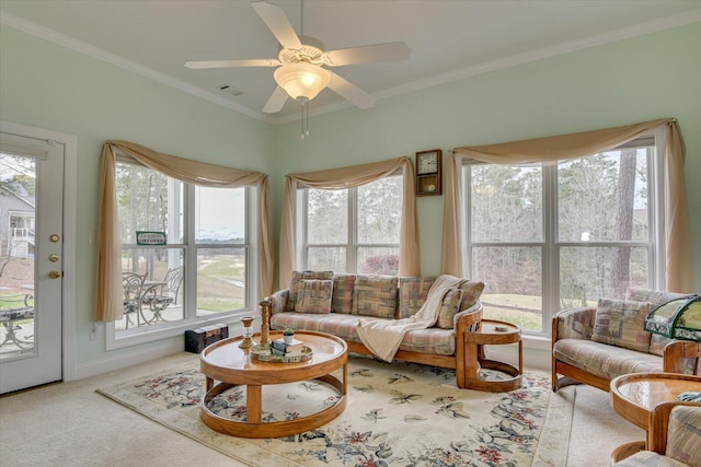 interior space featuring carpet flooring, ceiling fan, and crown molding