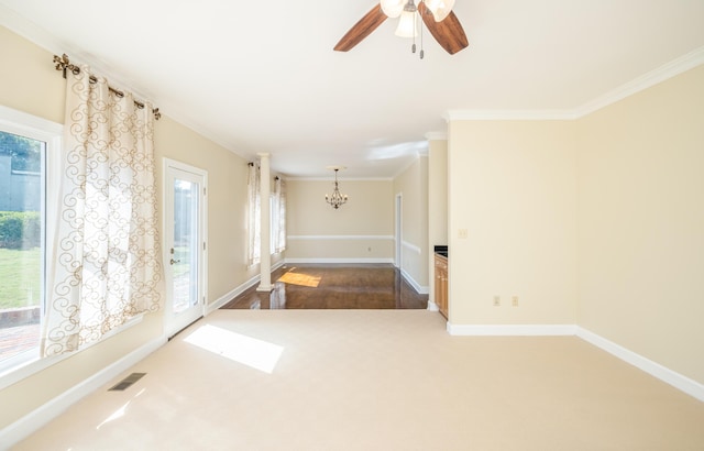 3701 Wexford Dr, Martinez, GA 30907 - empty room with a chandelier, ornamental molding, a ceiling fan, and carpet flooring
