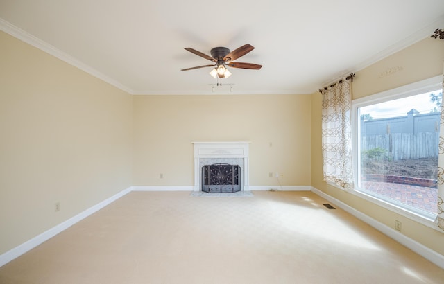 3701 Wexford Dr, Martinez, GA 30907 - unfurnished living room with crown molding, a fireplace, a ceiling fan, and light colored carpet