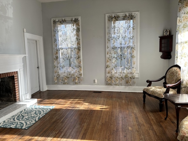 living area featuring dark hardwood / wood-style flooring and a fireplace