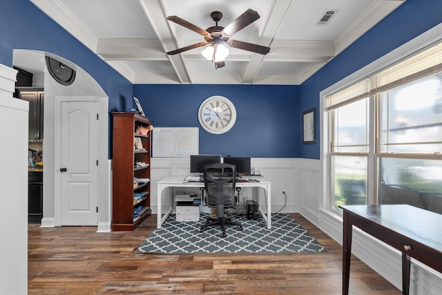 office area featuring visible vents, a ceiling fan, beam ceiling, and a healthy amount of sunlight