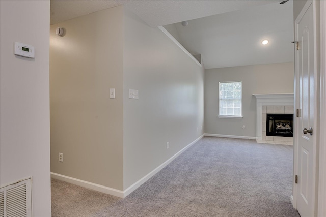 3650 Crawfordville Dr, Augusta, GA 30909 - unfurnished living room with carpet, a fireplace, and lofted ceiling