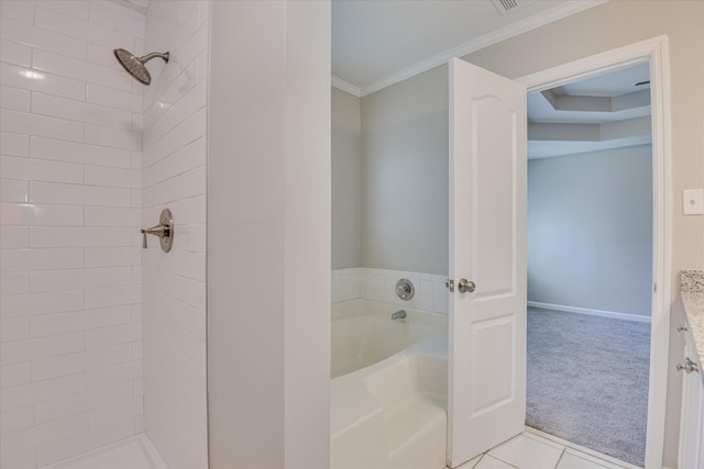 3650 Crawfordville Dr, Augusta, GA 30909 - bathroom featuring a bath, tiled shower, crown molding, tile patterned flooring, and vanity