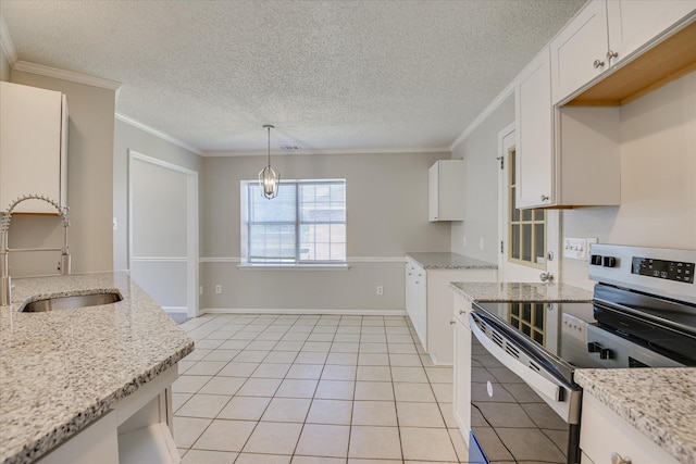 3650 Crawfordville Dr, Augusta, GA 30909 - kitchen with stainless steel range with electric stovetop, light tile patterned floors, white cabinetry, ornamental molding, and decorative light fixtures