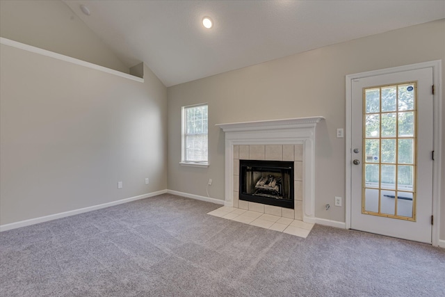 3650 Crawfordville Dr, Augusta, GA 30909 - unfurnished living room featuring carpet floors, healthy amount of natural light, a fireplace, and vaulted ceiling