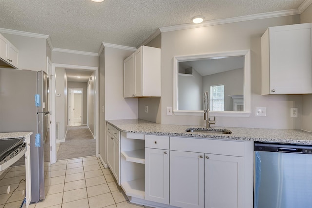 3650 Crawfordville Dr, Augusta, GA 30909 - kitchen featuring appliances with stainless steel finishes, white cabinetry, light tile patterned floors, light stone counters, and open shelves
