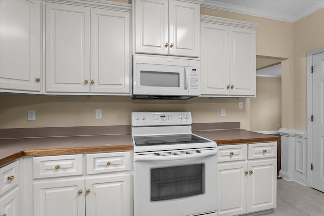 1094 Hampstead Pl, Martinez, GA 30907 - kitchen with white appliances, crown molding, white cabinets, and dark countertops