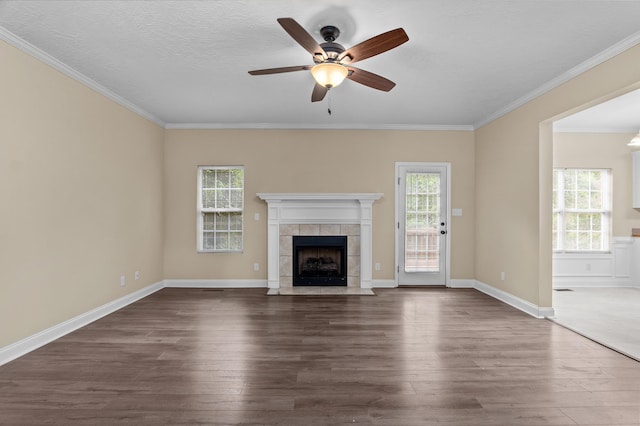 1094 Hampstead Pl, Martinez, GA 30907 - unfurnished living room with dark wood-style flooring, ornamental molding, a fireplace, and ceiling fan