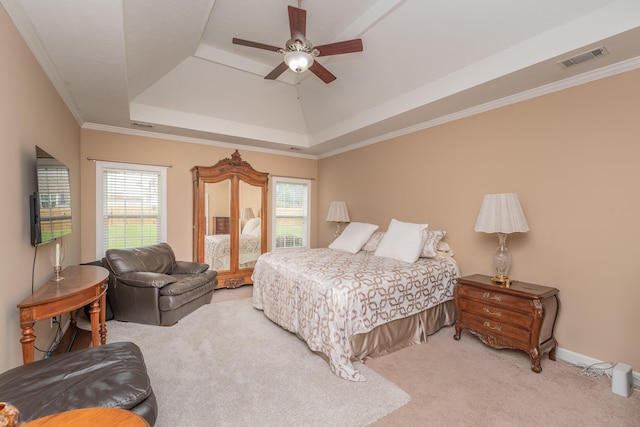 821 Wickham Dr, Graniteville, SC 29829 - bedroom featuring a tray ceiling, light colored carpet, ceiling fan, crown molding, and baseboards