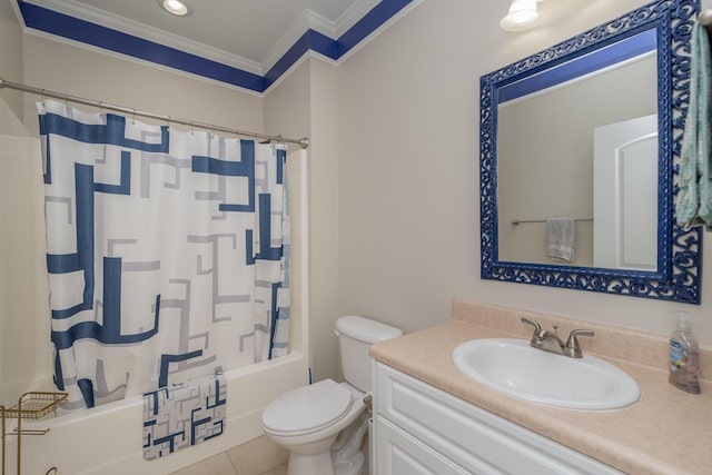 821 Wickham Dr, Graniteville, SC 29829 - bathroom featuring ornamental molding, shower / bath combination with curtain, vanity, toilet, and tile patterned flooring