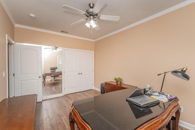 821 Wickham Dr, Graniteville, SC 29829 - office featuring a ceiling fan, wood finished floors, ornamental molding, and baseboards