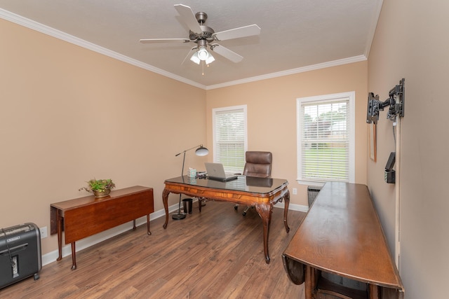 821 Wickham Dr, Graniteville, SC 29829 - office area with ornamental molding, wood finished floors, ceiling fan, and baseboards