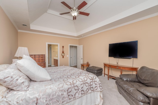 821 Wickham Dr, Graniteville, SC 29829 - carpeted bedroom featuring a raised ceiling, crown molding, ceiling fan, and ensuite bath