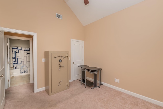 821 Wickham Dr, Graniteville, SC 29829 - bedroom with light carpet, baseboards, high vaulted ceiling, and ceiling fan