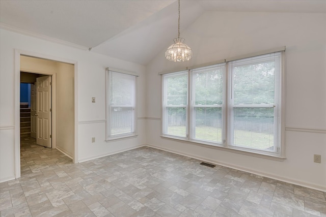 786 Springbrook Ln, Evans, GA 30809 - unfurnished dining area with light stone finish floors, a chandelier, and vaulted ceiling