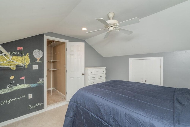 345 Old Salem Way, Martinez, GA 30907 - bedroom with carpet, vaulted ceiling, a closet, and ceiling fan