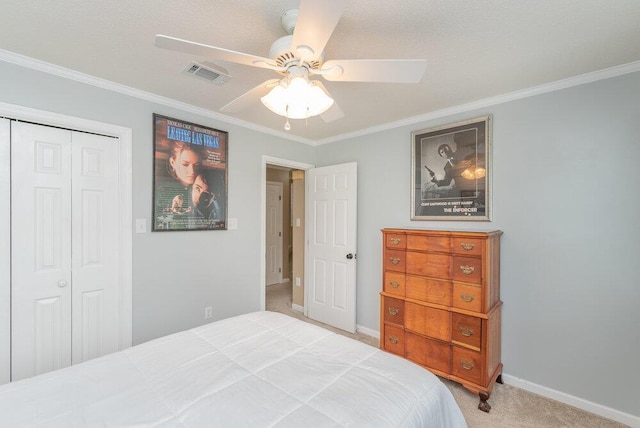 345 Old Salem Way, Martinez, GA 30907 - bedroom with light colored carpet, crown molding, a closet, and ceiling fan
