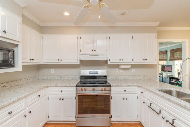 345 Old Salem Way, Martinez, GA 30907 - kitchen featuring electric stove, under cabinet range hood, black microwave, recessed lighting, and white cabinets