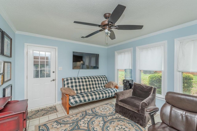 345 Old Salem Way, Martinez, GA 30907 - living room with ornamental molding, tile patterned floors, ceiling fan, and a textured ceiling