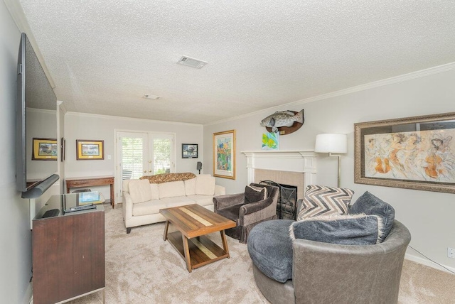 345 Old Salem Way, Martinez, GA 30907 - carpeted living room featuring french doors, a textured ceiling, crown molding, and a fireplace