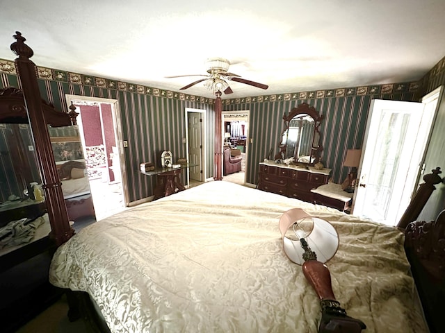 6322 Yelton Rd, Appling, GA 30802 - bedroom with wallpapered walls, access to exterior, and ceiling fan