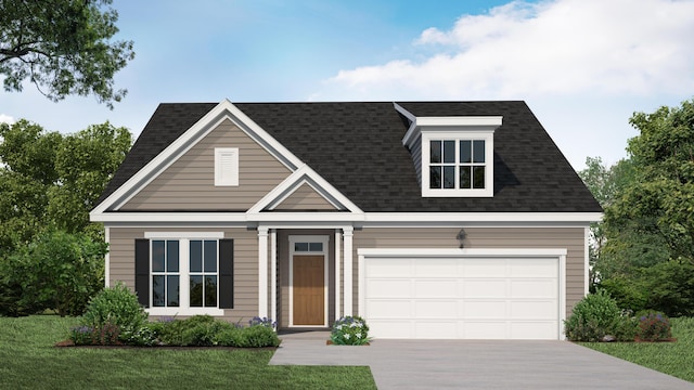 view of front facade with concrete driveway, a front yard, and a shingled roof