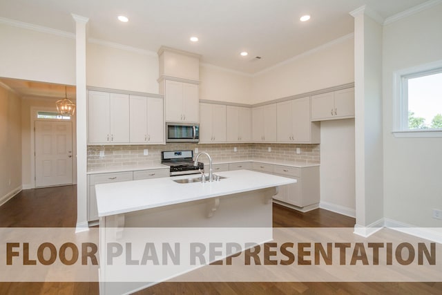 kitchen featuring dark wood finished floors, a kitchen island with sink, a sink, stainless steel appliances, and light countertops